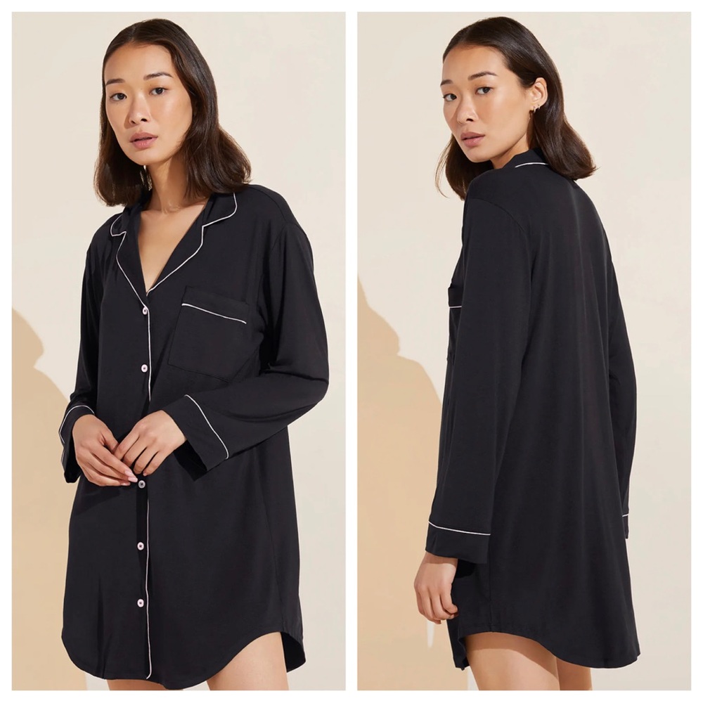 Eberjey Black Long-Sleeve Tailored Sleep Shirt with White Piping